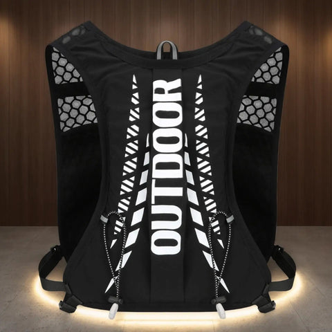 Front view of hydration pack for hiking and snowboarding with 5L capacity, breathable nylon polyester vest, reflective strips.