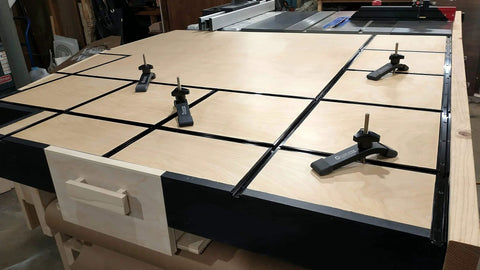 Pro Grade 48 Inch Universal T Track For Woodworking Double Cut Jig Profile installed on workshop table with clamps