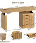 Product dimensions of 63 Inch Electric Height Adjustable Standing Desk With Smooth Glide Motor Built In Filing Cabinet and Roomy Storage Shelves Oak Brown Finish.