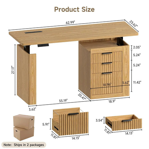Product dimensions of 63 Inch Electric Height Adjustable Standing Desk With Smooth Glide Motor Built In Filing Cabinet and Roomy Storage Shelves Oak Brown Finish.