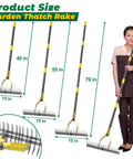 Product size comparison of 70 Inch Heavy Duty Lawn Thatching Rake With Adjustable Stainless Steel Handle for turf care.