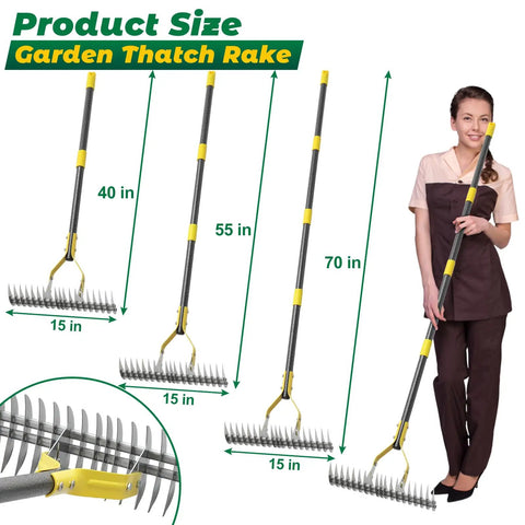 Product size comparison of 70 Inch Heavy Duty Lawn Thatching Rake With Adjustable Stainless Steel Handle for turf care.