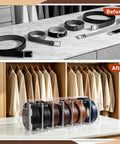 Top Shelf Slick Acrylic Belt Organizer With Removable Dust Cover Seven Compartment Clear Drawer Storage For Ties Belts Bow Tie Purse Socks organized with belts displayed inside