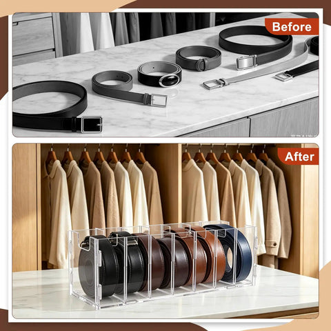 Top Shelf Slick Acrylic Belt Organizer With Removable Dust Cover Seven Compartment Clear Drawer Storage For Ties Belts Bow Tie Purse Socks organized with belts displayed inside