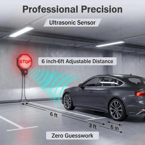 Plug And Play Garage Parking Sensor With LED Stop Indicator, Ultrasonic Anti Collision Parking Aid For Sedans, SUVs And Trucks, Universal Fit For Home Garages, Easy Install, No Fuss Setup, And Ready To Use Right Out Of The Box; ultrasonic garage sensor with stop LED and sedan
