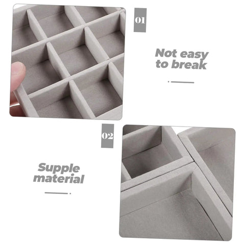 Sleek Three Piece Multi Compartment Jewelry Organizer Tray With Supple Velour Finish For Earrings Rings And Necklaces, showcasing grey compartments.