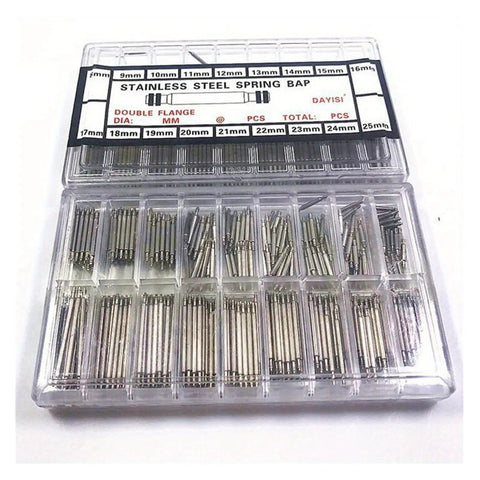 Pro Grade Watch Band Repair Kit with 8mm to 25mm spring bars and pins in organized plastic case