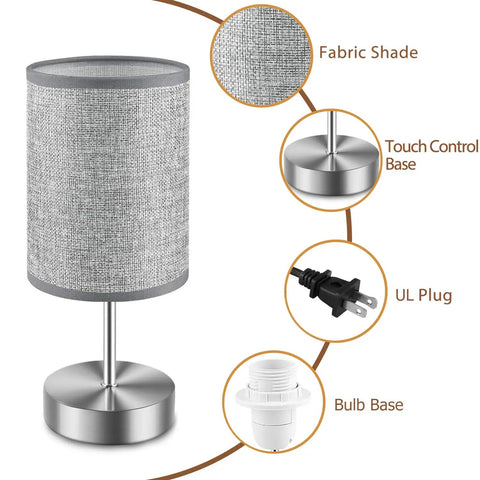 Tap To Dim 3 Way Bedside Table Lamp With Grey Fabric Shade, touch control base, UL plug, and bulb details shown
