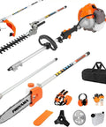 All In One Gas Powered Yard Tool With 42.7CC 2HP Engine, 5 In 1 Trimming System, multiple attachments, safety gear, and carry bag