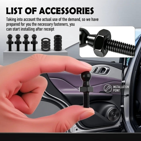 Four Piece 10mm Ball Stud Kit With Hardware For Gas Struts Lift Supports, M6 Thread, 14mm Shaft, 10mm Ball Head, Universal Fit For Cars And Trucks, Replacement Parts For Worn Gas Springs, Easy Install, black steel studs and nuts shown installed on car door