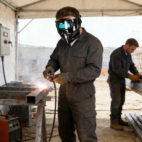 Welder in Automatic Welding Helmet With True Color Lens, Safety Cover, And Air Supply Respirator System in workshop
