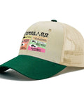 Funny Spare Time RV Camper Sun Hat For Dad with beige mesh material, green brim, and playful graphics for outdoor adventures.
