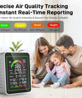 Level Up Your Breathing Game With This Sleek Indoor Air Quality Monitor Catching Co2 Formaldehyde Pm2 5 Pm10 Plus Daily Temp Humidity Readings For Smooth Home Comfort showing family with monitor in living room.