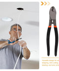 Dang Tough Lightweight Wire Strippers And Cutting Pliers featuring ergonomic handles, used for stripping and cutting wire in ceiling installation.