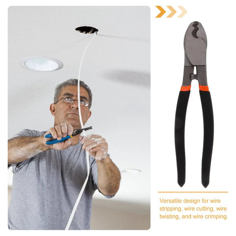 Dang Tough Lightweight Wire Strippers And Cutting Pliers featuring ergonomic handles, used for stripping and cutting wire in ceiling installation.
