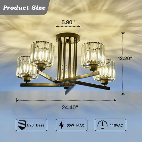 Five Light Crystal Chandelier In Dope Black Close To Ceiling Pendant Light Fixture For Kitchen Dining Room Bedroom Hallway And Bathroom E26 Bulb Compatible Easy Install Vintage Modern Style, featuring clear crystal shades and dimensions.