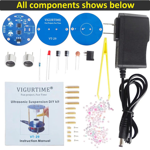 Ultrasonic Levitator Solder Practice Kit For Electronic Soldering Training components with guide and 12V adapter.