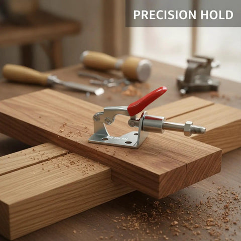 Built Like A Tank Galvanized Steel Toggle Clamp With Bright Red Handle For Welding Fixtures And Woodworking Jigs Clamping Pieces Fast With No Sweat Grip During Any Build Project on wooden workbench with tools.