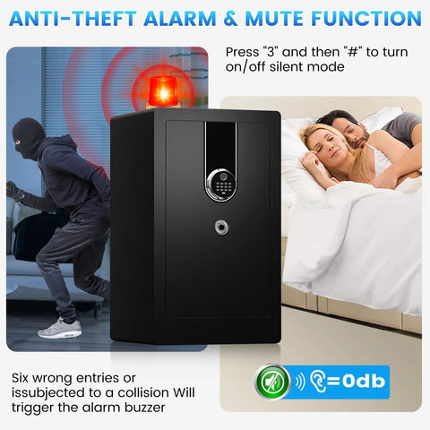 Biometric Safe Box 23.6 Inch Tall Home Safe With Water And Fireproof Design displayed with anti-theft alarm and quiet mode.