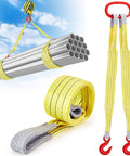 Heavy Duty 2 Piece Web Sling Set With Two Leg Bridle Straps And Twist Eye Lift Hooks For Hoists Cranes Trucks Tow Jobs And Tree Stump Lifts For Multi Point Load Control, 13227 Lbs Load Capacity, Yellow. Shown with metal pipes in sky background.