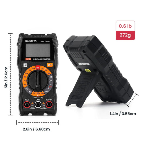 Digital Multimeter With Carrying Case For Home And Auto Use Tests DC And AC Voltage, Ohms, Amps shown with dimensions