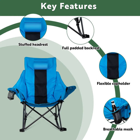 Oversized Rocking Camping Chair With Luxury Padded Recliner For All Day Comfort Heavy Duty Folding Lawn Chair with key features labeled