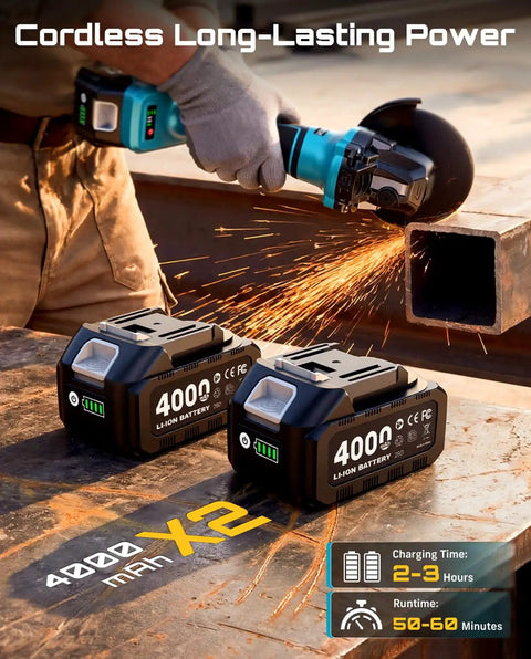 Cordless 21V Angle Grinder With Brushless Motor Delivers Up To 9500 RPM Lightweight 4-1/2 Inch Tool Includes 2x 4.0Ah Batteries