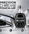 Chromed Out Repair Pen and Scratch Eraser for Ridiculous Metallic Gleam on Automotive Trim Badges and Plumbing Fixtures Silver Shine Touch Up Marker for Dull Metal Surfaces Fast Drying Formula Heavy Duty Restoration Tool in a close-up view with dual applicator.