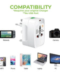 Universal Worldwide Travel Power Adapter For Motorola ROKR S9 And More Works In Over 150 Countries With US UK EU AU CN NZ Plugs In One Compact Charger All In One Global Travel Power Solution, white compact plug adapter with device compatibility icons