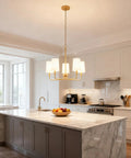 Muted Gold Chandelier With White Fabric Shades For Modern Farmhouse Linear Island Lighting In Kitchen And Dining Room, 5-Light Fixture