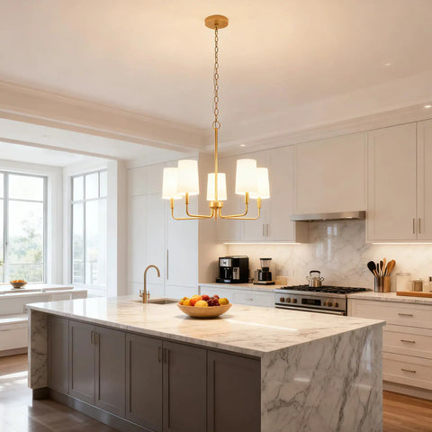 Muted Gold Chandelier With White Fabric Shades For Modern Farmhouse Linear Island Lighting In Kitchen And Dining Room, 5-Light Fixture