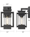 Two Pack Outdoor Wall Light Sconces Aluminum Rust Proof Porch Fixture With Crack Glass For Exterior Home Entryway Balcony Patio And Front Porch Weather Resistant Black Sand Finish, dimensions shown