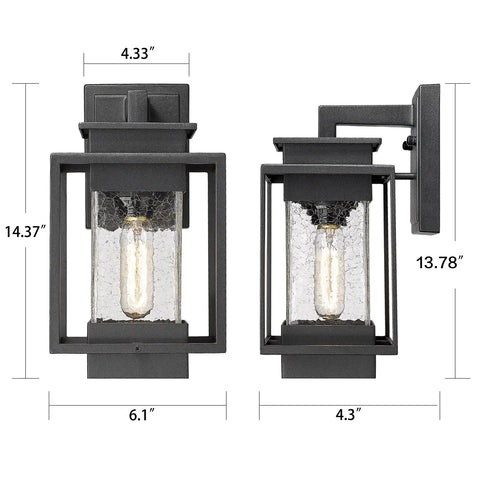 Two Pack Outdoor Wall Light Sconces Aluminum Rust Proof Porch Fixture With Crack Glass For Exterior Home Entryway Balcony Patio And Front Porch Weather Resistant Black Sand Finish, dimensions shown