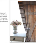Barn Door Rod Pocket Blackout Curtains For Living Room, Rustic Farmhouse Vibe With Wooden Board Wheel Motif, Energy Saving Thermal Insulated Drapes, two-panel set next to rustic door and flowers