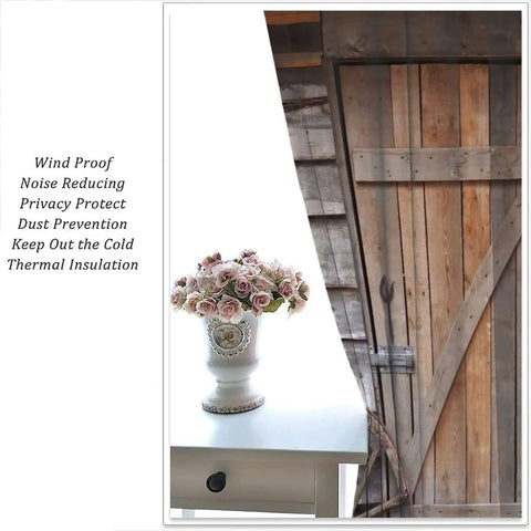 Barn Door Rod Pocket Blackout Curtains For Living Room, Rustic Farmhouse Vibe With Wooden Board Wheel Motif, Energy Saving Thermal Insulated Drapes, two-panel set next to rustic door and flowers
