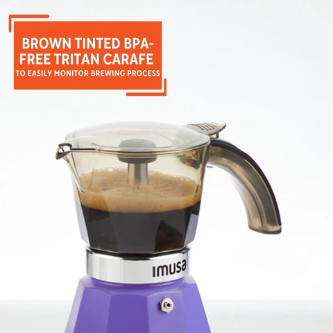 Purple Electric Espresso Maker For Two Or Three Cups Compact Home Brewer With Easy Brew Controls Auto Shutoff Durable Cast Aluminum Base Perfect For Quick Espresso At Home with brown BPA-free tritan carafe.