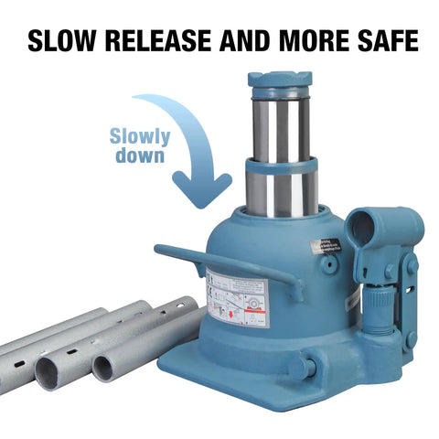 Beefy 10 Ton Double Ram Ultra Low Profile Hydraulic Bottle Jack For Auto Repair And Home Lifts, retracted 4.9 in to 8.5 in, blue