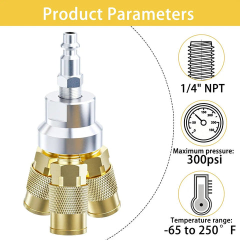 One Fourth Inch NPT 3 Way Air Manifold Kit with brass couplers and air hose connectors for compressors showing product parameters.