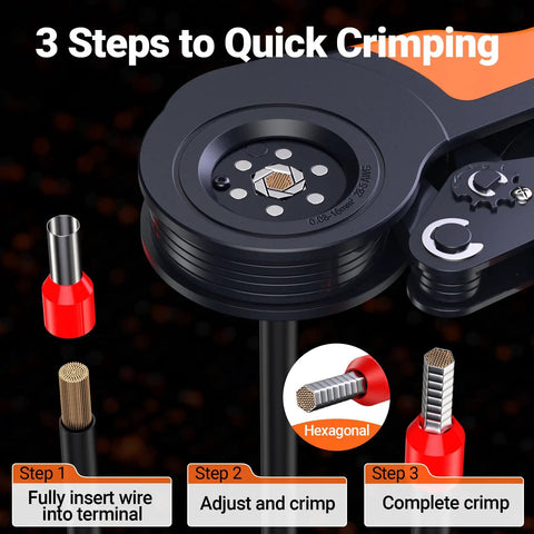 3 step crimping process of Ferrule Crimping Tool Kit Pro Grade With AWG 28 To 5 Hex Ferrule Crimper showing hexagonal crimp