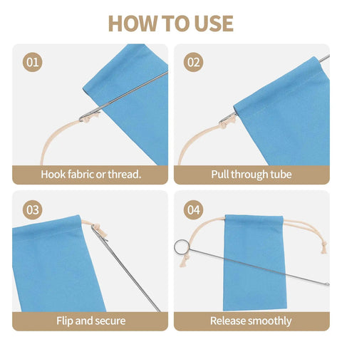 Steps showing how to use 5Pcs Loop Turner Sewing Tool Kit 10.4 Inch Knot Gripper For Beads Straps Drawstrings And Craft Projects