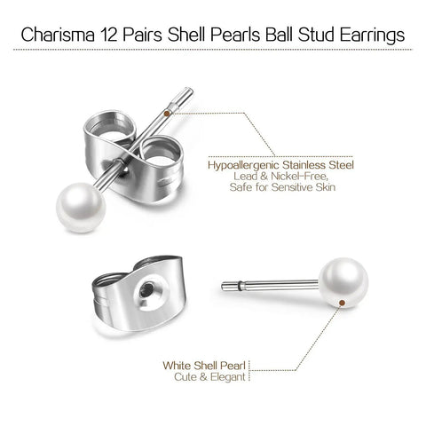 Imitation Pearl Stud Earrings Set For Women, 12 Pairs Of 4mm Round Ball Pearls, Hypoallergenic Surgical Stainless Steel, Lead And Nickel Free, Everyday Sparkle Go To Jewelry For Work Casual Gifting silver post and white shell pearl