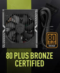 Semi Modular 650W ATX Power Supply With Low Noise 120mm Fan, 80 Plus Bronze Efficiency, front view with certification badge