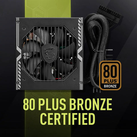 Semi Modular 650W ATX Power Supply With Low Noise 120mm Fan, 80 Plus Bronze Efficiency, front view with certification badge