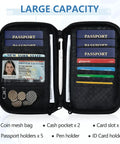 Open Family Passport Wallet With Five Passport Slots And Card Slots, RFID Blocking Lining For Personal Data Security, showing coins, ID, pen