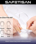 Clear Safety Glasses For Men Bulk 24 Pack Crystal Safety Goggles With Scratch Resistant Polycarbonate Lenses Meets ANSI Z87.1 Protective Eyewear For Construction, Shooting, Lab Work, shown with flexible frame in hands.