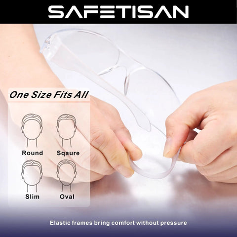 Clear Safety Glasses For Men Bulk 24 Pack Crystal Safety Goggles With Scratch Resistant Polycarbonate Lenses Meets ANSI Z87.1 Protective Eyewear For Construction, Shooting, Lab Work, shown with flexible frame in hands.