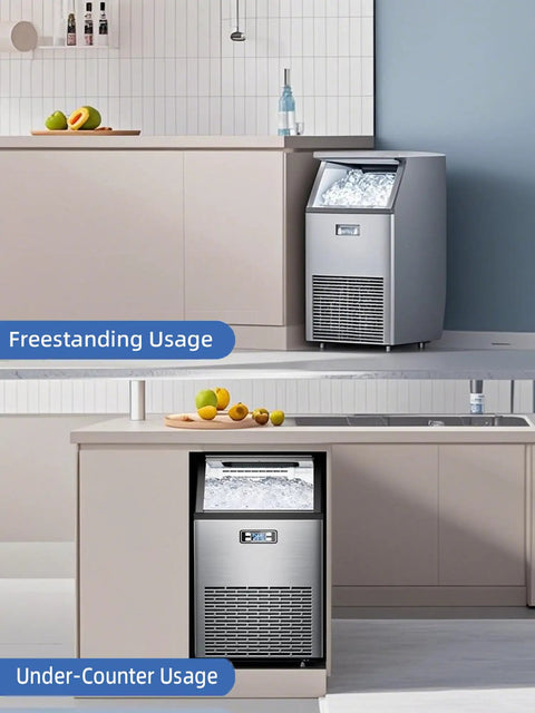 Ice Maker Machine That Cranks Out 100 Lbs Per Day, Stainless Steel Undercounter With 33 Lbs Storage in kitchen setting