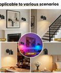 Lightess Battery Powered Wall Sconces Set of Two Black with Remote Control in living room, bar counter, stairs, and bedroom settings.