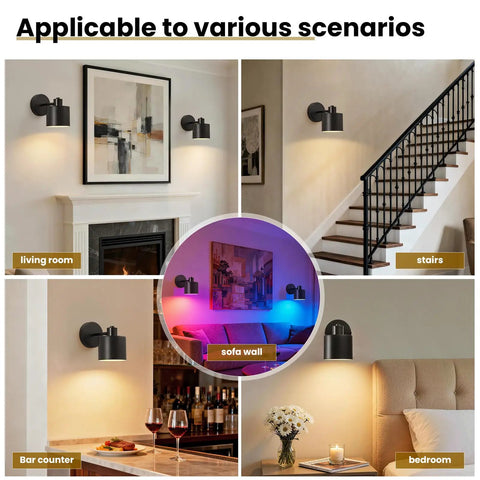 Lightess Battery Powered Wall Sconces Set of Two Black with Remote Control in living room, bar counter, stairs, and bedroom settings.