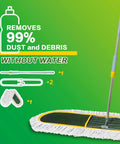Heavy Duty Commercial Dust Mop For Hardwood Floors With Two Reusable Cotton Yarn Heads And Telescopic Stainless Steel Handle For No Sweat Sweep And Pro Grade Cleanup On Marble Or Tile Surfaces, showing mop and accessories.